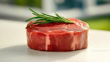 Raw beef steak, with sprig of rosemary, resting on white surface on nature background photo