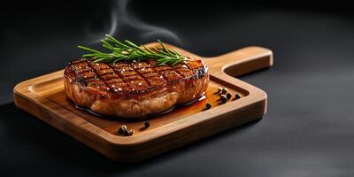 Perfectly cooked steak with seasonings resting on cutting board on dark surface, with copy space photo
