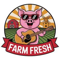 A pig wearing sunglasses and holding a guitar is wearing a farm fresh logo vector