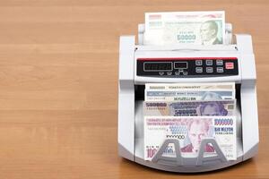 Old turkish lira in a counting machine photo