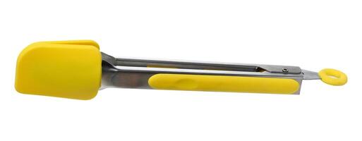 Yellow silicone kitchen tongs with iron handle on isolated background photo