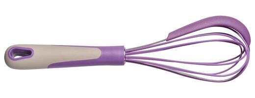 Purple silicone-coated whisk with ergonomic handle on isolated background photo