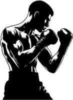 Boxer with his guard up, image from the waist and up, in black and white vector