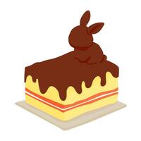 A chocolate cake with a rabbit on top. The rabbit is sleeping. The cake is on a white plate vector
