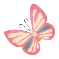A pink butterfly with a blue stripe on its wing. The butterfly is drawn in a cartoon style and is positioned in the center of the image vector