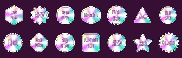 A set of colorful stickers with various shapes and sizes, including stars, squares, and triangles. The stickers are arranged in a grid pattern on a purple background vector