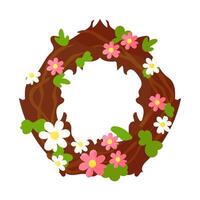A beautiful wreath made of twigs and flowers, with a white background. The flowers are a mix of pink and white, and they are arranged in a circular pattern. vector
