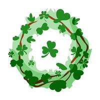 A green wreath with many leaves and a shamrock in the center. The shamrock is surrounded by other leaves and branches vector