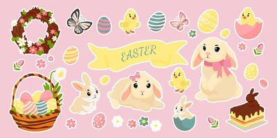 Easter is the theme of this image, featuring various cute animals and Easter decorations. The bunny is the main focus, with other animals such as a chicken and a butterfly also present vector