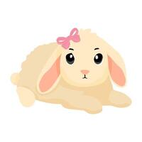 A cute bunny with a pink bow on its head lays on a white background. The bunny has a serious expression on its face, which gives the image a somewhat somber mood vector