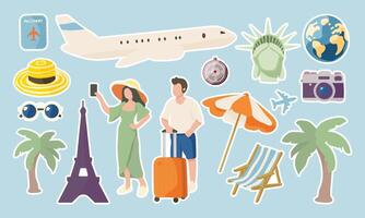 A woman and man are taking a picture of themselves with a camera. They are surrounded by various travel items such as an umbrella, a suitcase, and a cell phone vector
