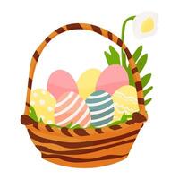 A basket of Easter eggs with a flower in the basket. The basket is brown and has a striped design vector