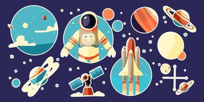 A collection of space-themed stickers featuring a man in a spacesuit, a rocket, and various planets vector