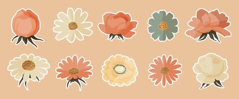 A set of 12 flower stickers with different colors and shapes. The flowers are arranged in a row and are of various sizes. The stickers are placed on a light pink background vector