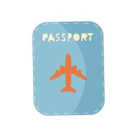 A blue passport with an orange airplane on it. The airplane is on the left side of the passport vector