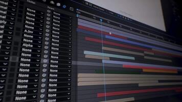 In a digital editing workspace, various colorful layers and clips are organized for a music production. The timeline showcases meticulous editing and compositing efforts. video
