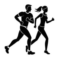 Jogging couple running side by side in line art style vector