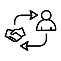 Customer referral with handshake and arrow line art white background vector