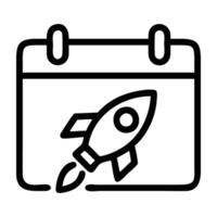 Product launch with rocket and calendar line art white background vector