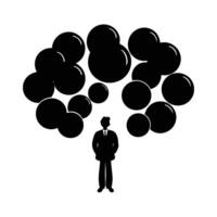 Business person stands confidently before multiple floating creative idea symbols vector