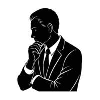 Business person calmly sits with chin in deep thoughtful pose vector