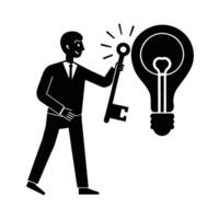 Entrepreneur skillfully unlocking bright bulb for creative idea breakthrough now vector