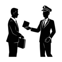 Corporate professional swiftly hands passport to customs for smooth clearance vector