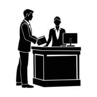 Corporate professional promptly checks into hotel at busy front reception vector