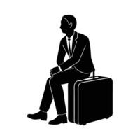Business person calmly sits on suitcase while waiting for flight vector