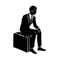 Business person quietly sits on suitcase while waiting at terminal vector