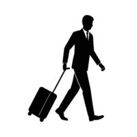 Business person briskly walks with rolling suitcase towards final destination vector