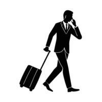 Executive confidently pulling suitcase and speaking on mobile device today vector