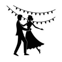 Romantic lovers gracefully dancing under bright string lights art design vector