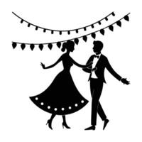 Romantic lovers joyfully dancing under string lights in cozy design vector