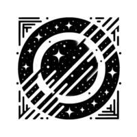 Geometric Cosmos A symmetrical black and white illustration featuring a starry circular galaxy intersected by striped lines, and corner . vector