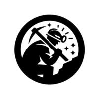 Silhouette of a Miner Inside a Circular Frame, Swinging a Pickaxe with a Headlamp Illuminated, Mining Concept. vector