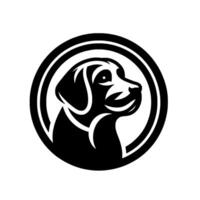 Minimalist black and white dog profile within a circular frame, showcasing a friendly, modern . vector