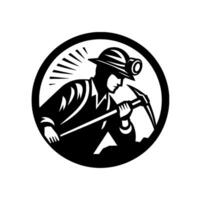 Black and White Circular Emblem of a Miner with a Pickaxe and Headlamp, Classic Silhouette vector