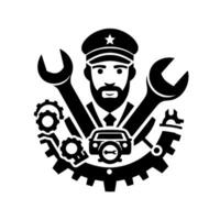 Black and White Automotive Mechanic A Portrait Surrounded by Wrenches, Gears, and Car Emblem, Representing Expertise and Service. vector