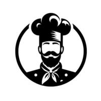 Bold Black White Chef A circular of a chef with a distinguished mustache, beard, and toque, signifying culinary expertise and restaurant branding. vector