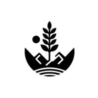 Stylized monochrome depicting a central plant form, flanked by mountain peaks, a sun, and horizontal water lines below. vector
