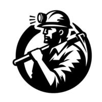 Bold Black and White Silhouette of a Miner with a Headlamp and Pickaxe, Encircled. Emblem of Strength, Labor, and Mining. vector