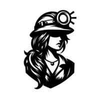 Silhouette of a determined woman in a miners helmet and work attire, looking away, representing strength and courage. vector
