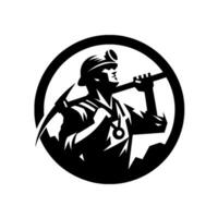 Silhouette of a Miner with Pickaxe and Headlamp Inside Circle, Mountain Backdrop, Classic Emblem. vector