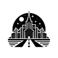 Abstract monochrome cityscape silhouette depicting road leading to a towering building under a starry, moonlit night sky, simple geometric style. vector