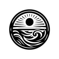 Monochrome circular emblem depicting a sun rising over stylized waves, evoking a sense of serenity and balance. vector