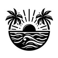 Black and white circular featuring a tropical sunset scene with palm trees, ocean waves, and sun rays emanating from the sun. vector