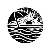 Circular, Black and White Illustration of a Beach Scene Featuring a Parasol, Sunset, and Waves. vector