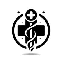 Minimalist monochrome medical emblem featuring a cross with a snake intertwined, encircled by a crescent and dots. vector