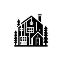 Monochromatic Illustration of a Cozy Cabin amidst Evergreen Trees, featuring geometric windows, a chimney, and a simple, inviting door. vector